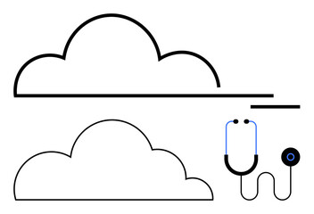 Minimalist representation of two cloud shapes connected to a stethoscope, symbolizing cloud technology in healthcare, remote health diagnostics, or digital medical innovation. Ideal for healthcare