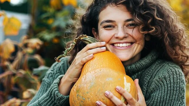 Frau h&auml;lt gro&szlig;e K&uuml;rbisfrucht mit Freude in den H&auml;nden