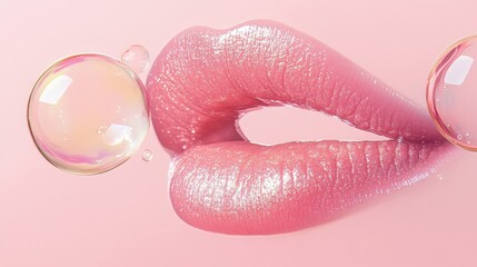 Fototapeta premium Beautiful Young woman with Gloss pink lips on studio background,closeup face lady in studio background,smooth and glow skin. Natural beauty, healthy and girl or female with makeup.