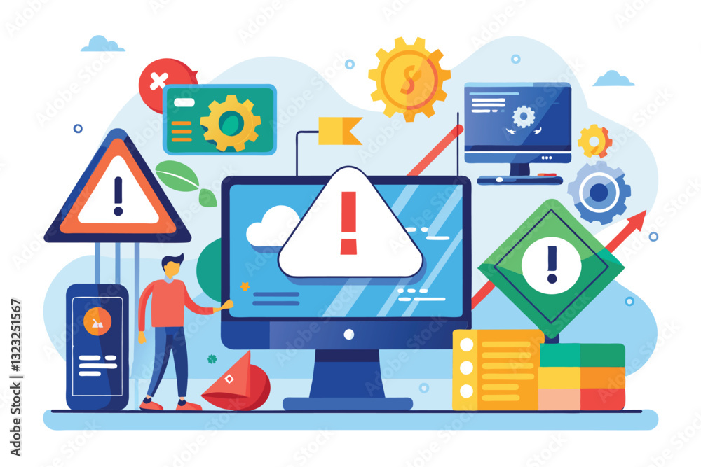 Aufkleber a person interacts with a computer displaying various system error alerts and notifications in an of