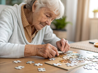 dementia, Alzheimer's disease. an elderly woman is holding a jigsaw puzzle icon, a jigsaw puzzle she can't put together