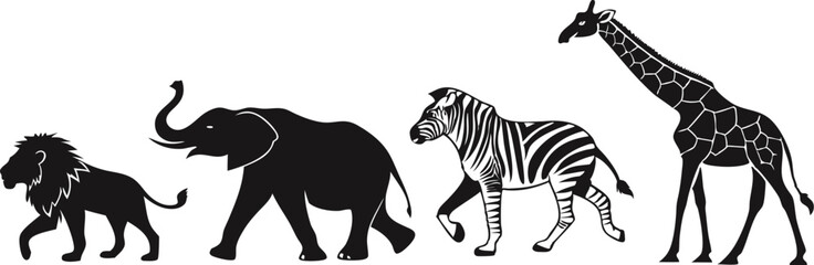Fototapeta premium Silhouettes of Iconic African Wildlife Animals in a Row for Graphic and Artistic Design