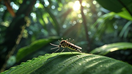 Mosquito on leaf in sunlight, natural mood, representing insect presence and outdoor environment, with nature backdrop