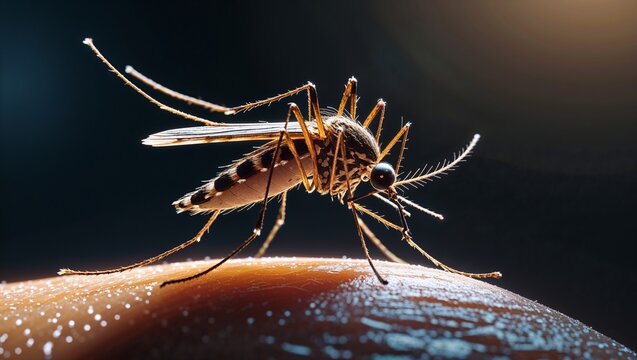 Close-up of mosquito on skin, alert mood, representing insect bite and health risk, with neutral background