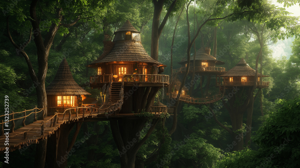 Poster a treehouse village hidden deep within an enchanted jungle.