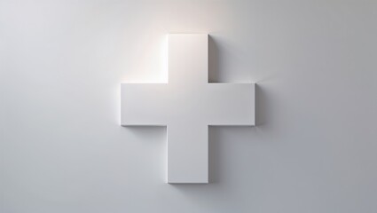 Obraz premium White cross on white background, neutral mood, representing medical symbol and health care