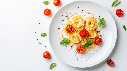 Delicious ravioli pasta dish with cherry tomatoes and basil on white plate.