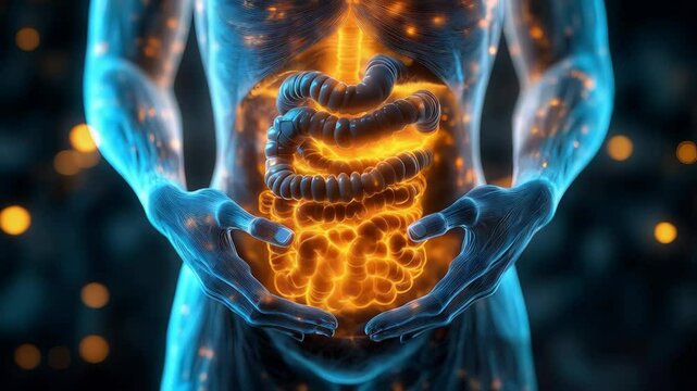 3D illustration of the human body highlighting the digestive system, showing detailed anatomy for medical, educational, and healthcare purposes