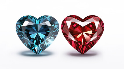 Fototapeta premium colorful heart shaped red and blue gemstones isolated on white background, valentine wedding love template with copy space for text 