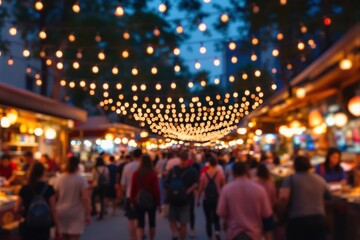 Crowd at a vibrant night market under warm glowing string lights, with food stalls and people in a festive atmosphere. Creative background concept. Ai generative