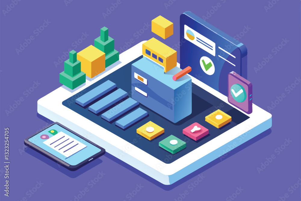 Poster a customizable tablet login interface is designed with isometric elements to enhance user experience