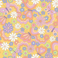 Hippie retro vector seamless pattern. Vintage nature background with flowers, butterflies and rainbows. Nostalgic botanical 70s groovy illustration. Fun and quirky hand drawn allover print design