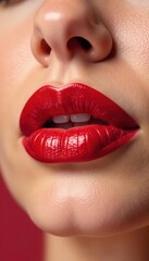 Smooth, vibrant red lips, soft focus, light background , texture, campaign