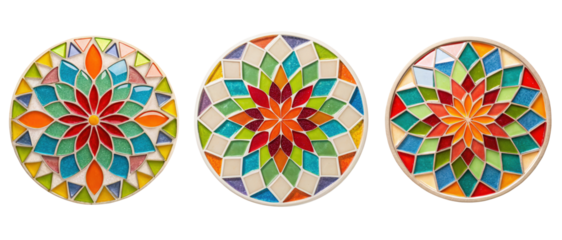 Three colorful mosaic circles on a transparent background