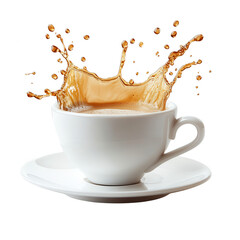 Cup with saucer with splash of coffee. Levitating isolated on white background.PNG