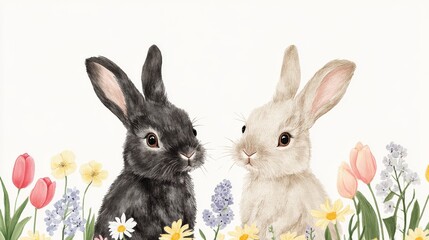 Fototapeta premium Fluffy bunnies with flowers for International Women's Day.