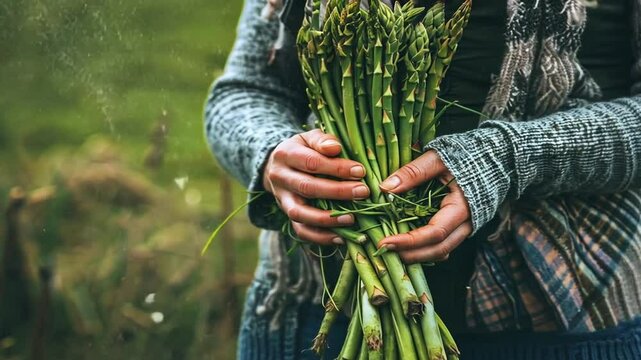B&uuml;ndel frischer gr&uuml;ner Spargel wird gehalten