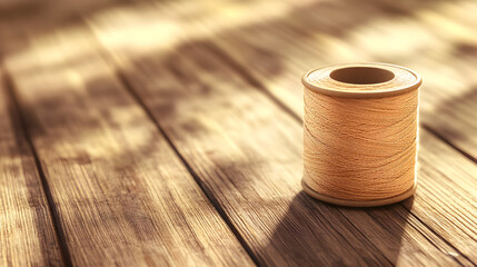 Wooden thread spool on rustic wooden floor with soft natural light