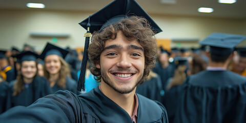 Fototapeta premium Young European looking student taking selfie with group of students after college graduation wearing graduation gown and cap. Taking exams, graduation