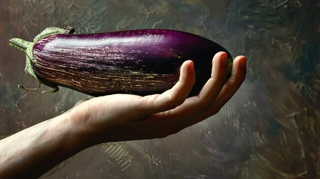 H&auml;nde halten eine gro&szlig;e frische Aubergine
