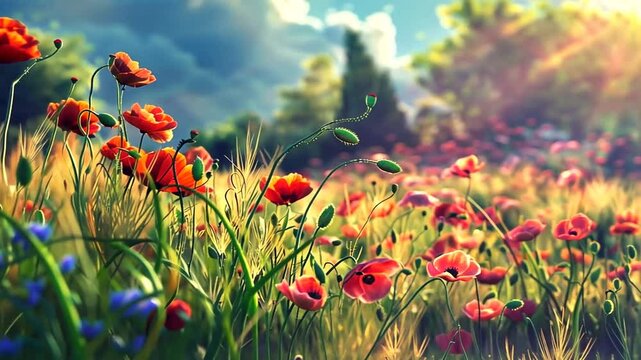 Wildblumenwiese mit bunten Mohnblumen in der Natur