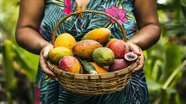 Korb mit tropischen Mangos wird von einer Frau gehalten