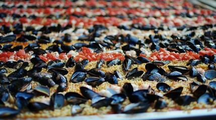 Obraz premium Close Up of a Large Seafood Paella with Mussels and Tomatoes
