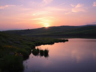 Obraz premium Sunset over rolling hills and calm lake