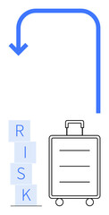Blue downward arrow arches over suitcase and stacked RISK blocks. Ideal for travel safety, decision-making, risk management, logistics, business planning, preparation, abstract line flat metaphor