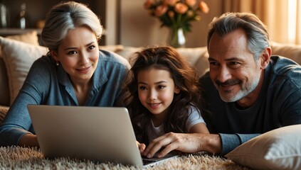 A joyful mixed-ethnicity family enjoying quality time together, smiling while using a laptop in a cozy living room.