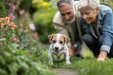 Happy senior couple enjoying playful moments with an adorable puppy in a vibrant, blooming garden filled with colorful flowers