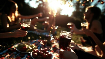Summer picnic with friends enjoying drinks outdoors