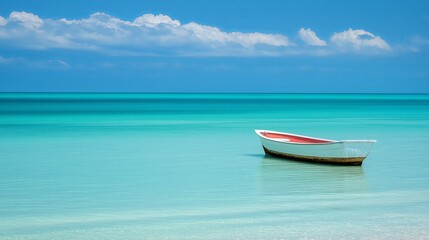 Naklejka premium A small boat gently drifting in an endless turquoise ocean