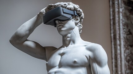 David statue wearing a VR headset.