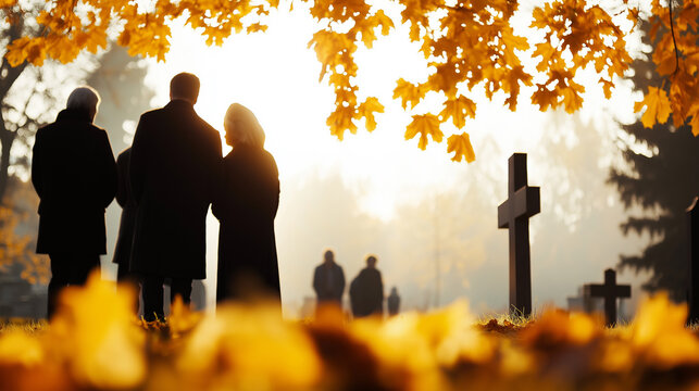 A group of people walking through a cemetery during a funeral in autumn, with golden leaves and a serene atmosphere.