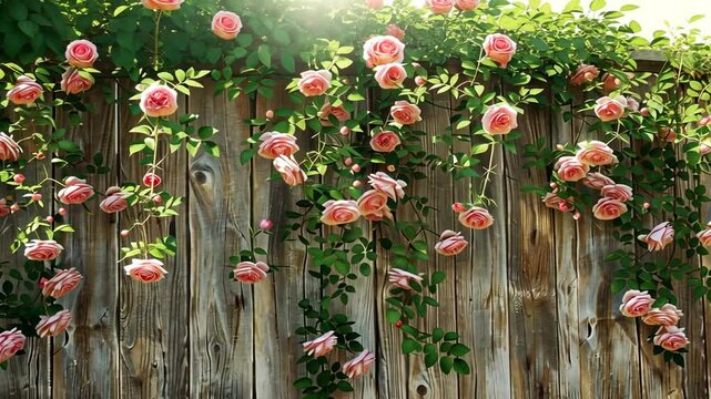 Holzzaun mit rosafarbenen Rankrosen im Garten