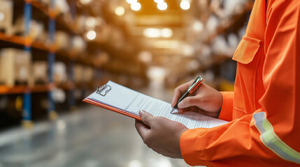 A warehouse worker in an orange uniform writing on a clipboard while inspecting inventory.