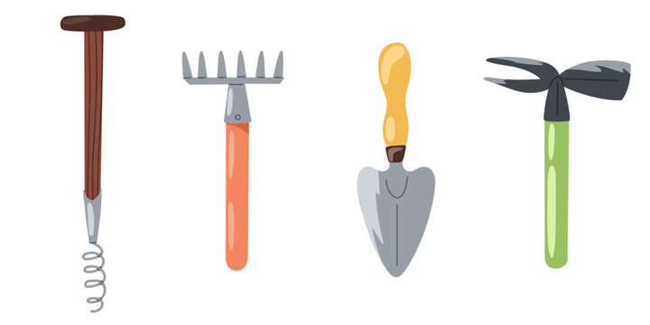 Gardening equipment set. Vector hand drawn trowel, spade and rake. Tools for agriculture and landscaping. Art for packaging, posters, web icons, stickers, infographics, guides, advertisements