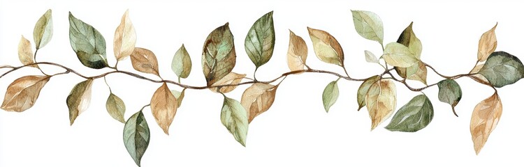 Watercolor Brown and Green Leaf Garland Isolated on White Background with Ultrarealistic Water Details