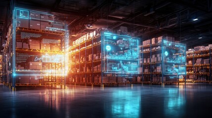 Futuristic smart warehouse with holographic interface and glowing digital displays showcasing advanced technology for efficient logistics supply chain management