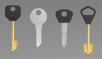 Realistic key set illustration - hexagon, round and pentagon unlock devices with modern lock symbols for vehicle or home access. Car or building opening security systems. Entrance and safe elements.