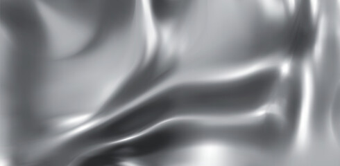Liquid silver background with abstract waves. Vector realistic illustration of glossy chrome metal texture, smooth grey silk cloth, steel color fluid substance, wavy surface, aluminum foil material