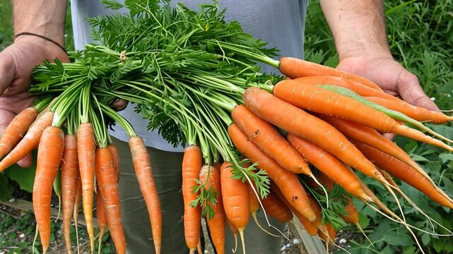 Frisch geerntete Karotten mit gr&uuml;nem Laub auf einem Feld