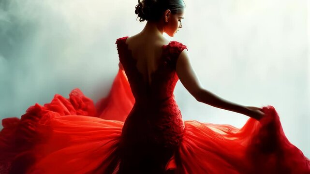An elegantly dynamic Flamenco dancer exudes artistic grace and passion, with a swirling red dress