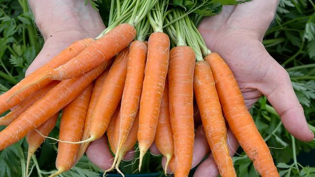 H&auml;nde halten frische knackige Karotten mit gr&uuml;nem Laub