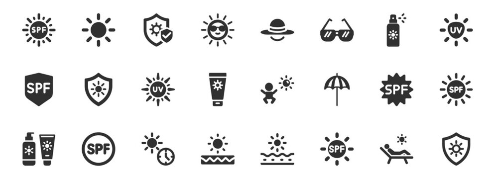 Sun protection, SPF icon set. Vector glyph pictograms of sunscreen, hat, sunglasses, UV shield, beach umbrella, skincare, skin safety, summer care black silhouette illustration.