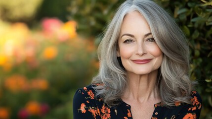 Naklejka premium Woman, smiling, garden, flowers, portrait, beauty, mature, headshot, outdoor