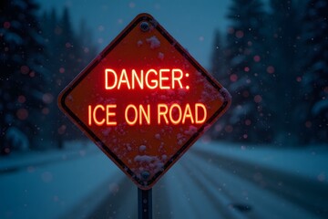 A blinking neon "Danger: Ice on Road" sign glowing against a backdrop of heavy snowfall.