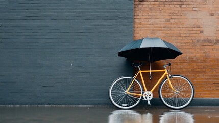Yellow bike, umbrella, rain, city wall, urban scene