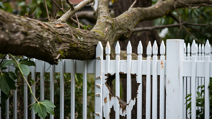 Close up of a large limb that fell off a tree destroying part of a white metal fence leaving a hole
